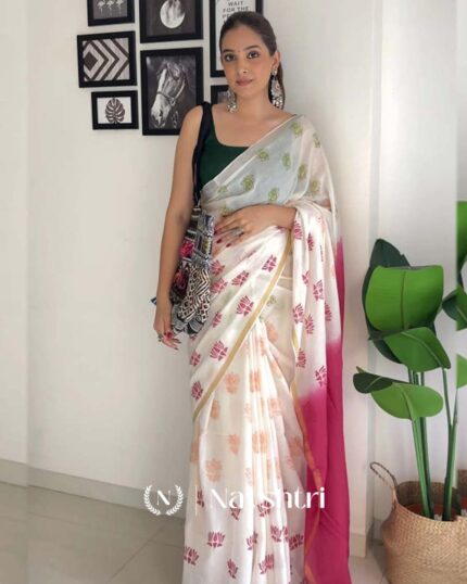 Garden Glow - White Saree with Green Blouse and All-Over Flowers - Navshtri Family