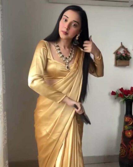 Golden Color 1-Minute Ready To Wear Naylon Saree With Blouse Piece - Navshtri Family