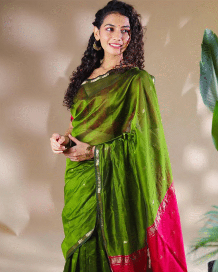 Green And Pink Premium Cotton Silk Saree With Classy Blouse and tassels - Navshtri Family