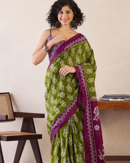 Green And Purple Color Mulmul Cotton 1 - Minute Ready to Wear Saree with Pocket and Blouse Piece - Navshtri Family