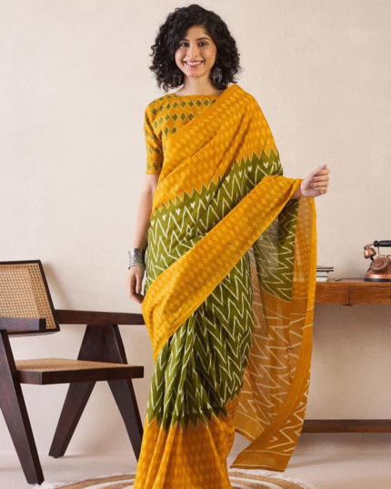 Green And Yellow Color Mulmul Cotton 1 - Minute Ready to Wear Saree with Pocket and Blouse Piece - Navshtri Family