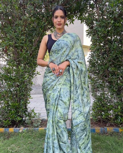Green color 1-Minute Ready To Wear Chinon Saree With Blouse Piece - Navshtri Family
