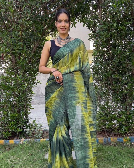 Green color 1-Minute Ready To Wear Naylon Saree With Blouse Piece - Navshtri Family