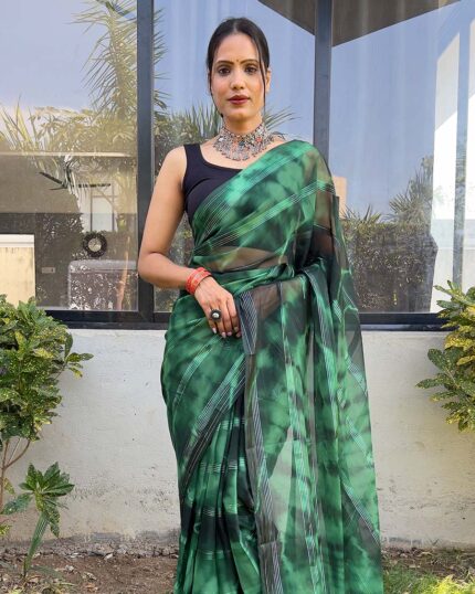 Green color 1-Minute Ready To Wear Naylon Saree With Blouse Piece - Navshtri Family