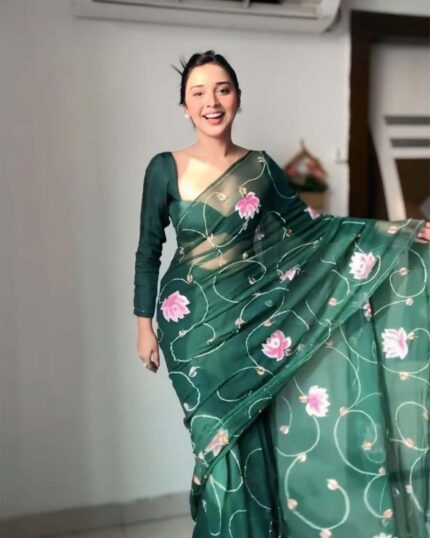 Green Color 1-Minute Ready To Wear Organza Saree With Blouse Piece - Navshtri Family