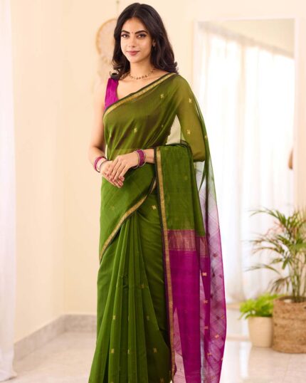 Green Color Premium Cotton Silk Saree With Classy Blouse and tassels - Navshtri Family