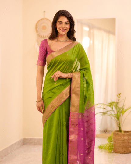 Green Color Premium Cotton Silk Saree With Classy Blouse and tassels - Navshtri Family