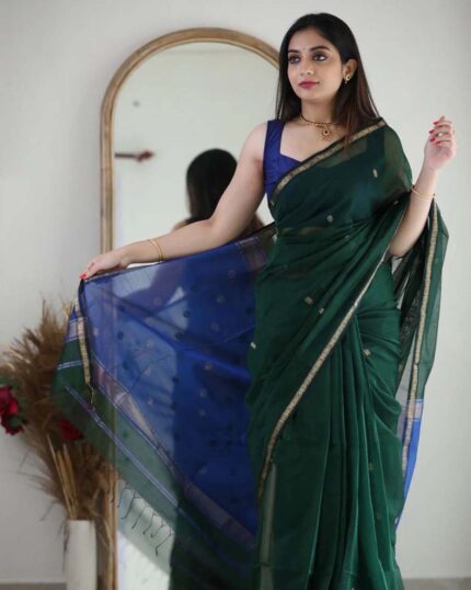 Green Color Premium Cotton Silk Saree With Classy Navy Blue Blouse and tassels - Navshtri Family