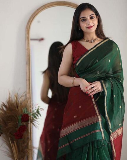 Green Color Premium Cotton Silk Saree With Classy Red Blouse and tassels - Navshtri Family