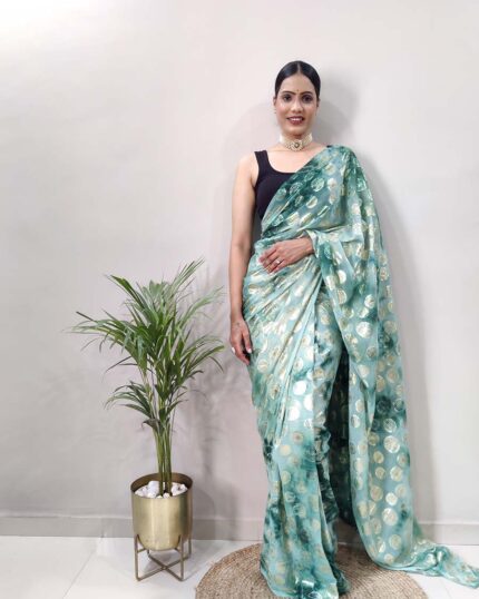 Green Color Ready to Wear Marbal Print Sona Chandi Gorgette Saree With Blouse - Navshtri Family