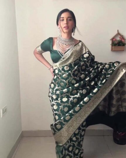 Green Color Ready to Wear New Collection Soft Banarasi Silk Saree with Golden Zari Work - Navshtri Family