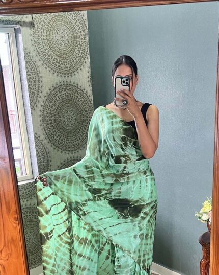 Green Colour 1-Minute Ready To Wear Chinon Saree With Blouse Piece - Navshtri Family