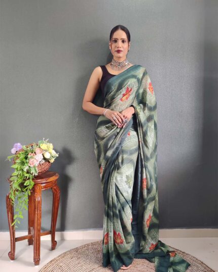 Green Colour 1-Minute Ready To Wear Georgette Saree With Blouse Piece - Navshtri Family