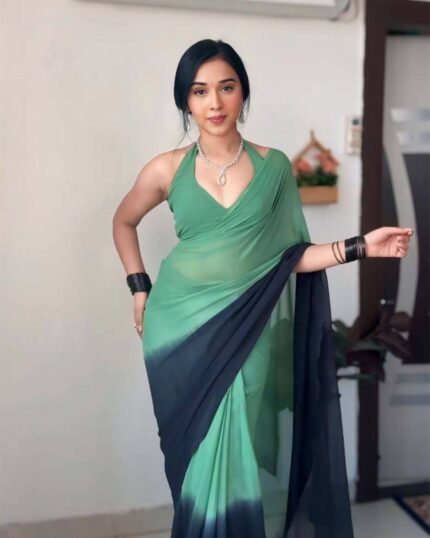 Green Colour 1-Minute Ready To Wear Georgette Saree With Blouse Piece - Navshtri Family
