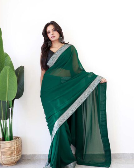 Green Colour 1-Minute Ready To Wear Georgette Saree With Blouse Piece - Navshtri Family