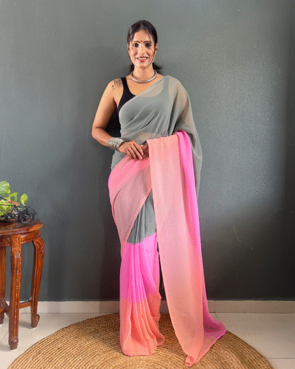 Grey And Pink Color 1-Minute Ready To Wear Georgette Saree With Blouse Piece - Navshtri Family
