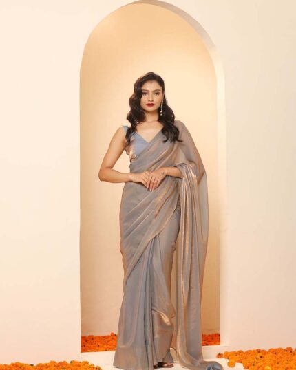 Grey Color 1-Minute Ready To Wear Satin Saree With Blouse Piece - Navshtri Family