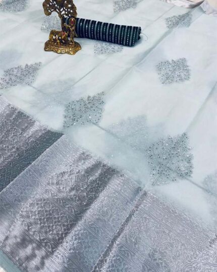 Grey Color Kanchi Organza Jacquard Full Worked Saree for Indian Wedding With Full Embroidery Sequence Work Unsittch Blouse - Navshtri Family