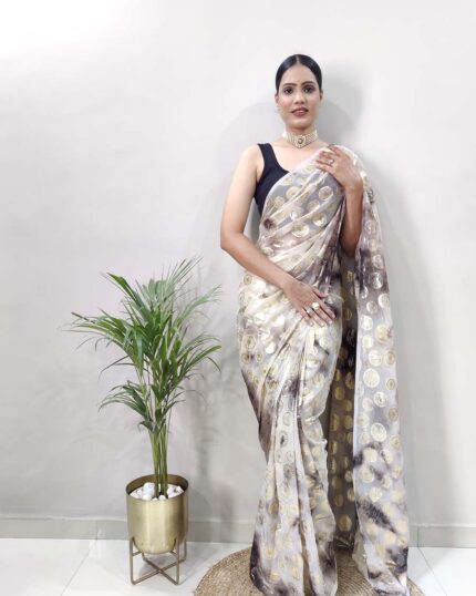 Grey Color Ready to Wear Marbal Print Sona Chandi Gorgette Saree With Blouse - Navshtri Family