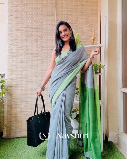 Grey Grove - Grey Linen Saree Drape with Green Border & Black Blouse - Navshtri Family