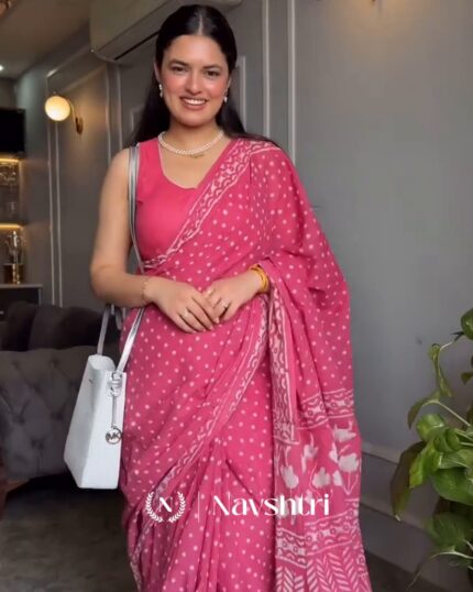 Gulbadan - Soft Pink Linen Saree with Delicate Details & Matching Blouse - Navshtri Family