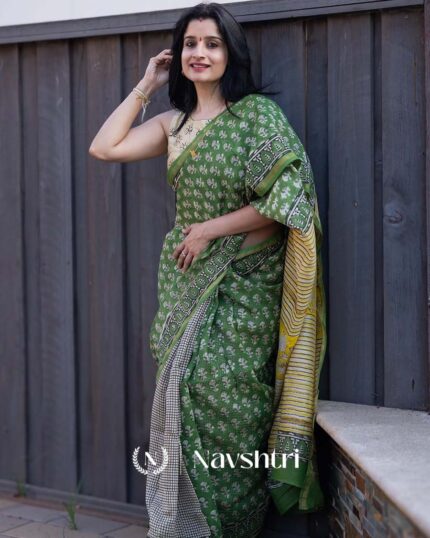 HariValli - Soft Green Linen Saree with Contrast Cream Blouse - Navshtri Family