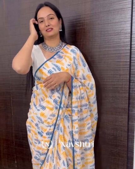 Icy Edge - White Linen Saree with Small Blue Border & White Blouse - Navshtri Family