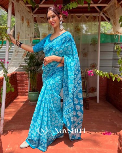 Indigo Glow - Blue Linen Saree with Coordinated Blue Blouse Piece - Navshtri Family