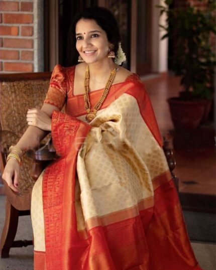 Ivory Cream Color Soft Banarasi Silk Saree with Golden Zari Work for Special Wedding Wear - Navshtri Family