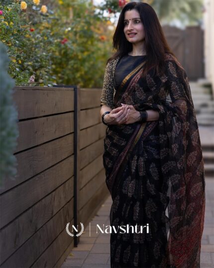 Kaajal Florals - Black Linen Saree with Matching Blouse and Bloom Detail - Navshtri Family