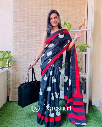 Kaala Canvas - Linen Drape with Duck Prints, Red Border & Black Blouse - Navshtri Family