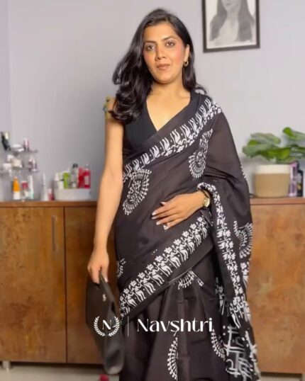 Kaala Nritya - Black Linen Saree with Bold Human Figure Pattern & Blouse - Navshtri Family