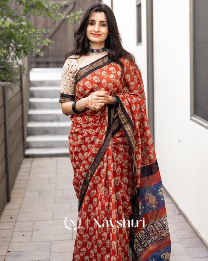 Laal Noor - Red Linen Saree with Cream Blouse and Black Border Finish - Navshtri Family