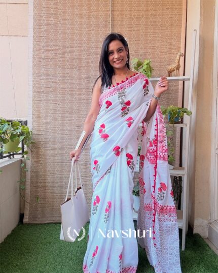 Laal Phool - White Linen Saree with Red Flower Prints and White Blouse - Navshtri Family