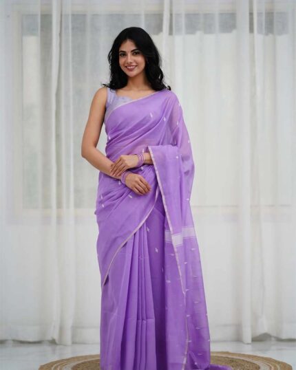 Lavender Color Cotton Silk Saree with Calssy Blouse and tassels - Navshtri Family