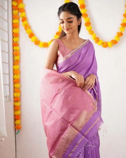 Lavender Color Premium Cotton Silk Saree With Classy Blouse and tassels - Navshtri Family