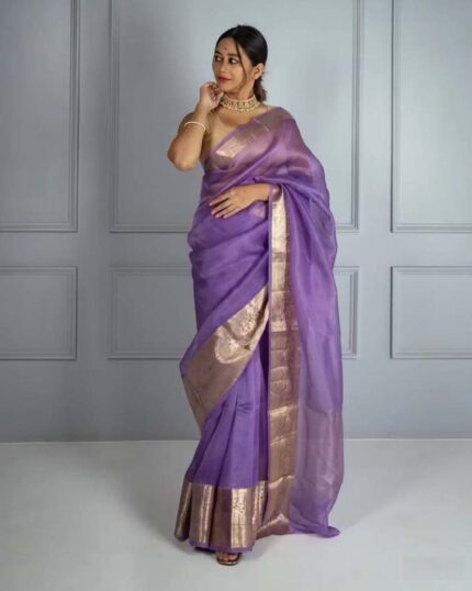 Lavender Color Pure Soft Organza Plain Saree with Pure Zari Weaving & Silk Border - Navshtri Family