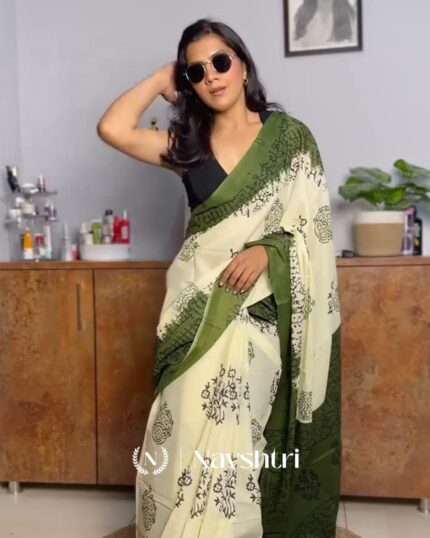 Leaf Aura - Green Linen Saree with Oversized Flower Motifs & Black Blouse - Navshtri Family