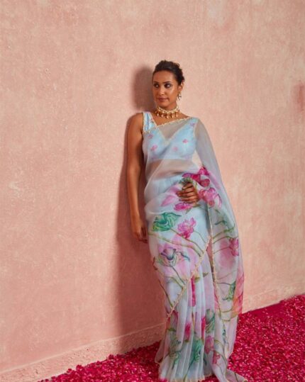 Light Blue Color 1-Minute Ready To Wear Organza Silk Saree with Moti Embroidery Work & Stitched Blouse - Navshtri Family