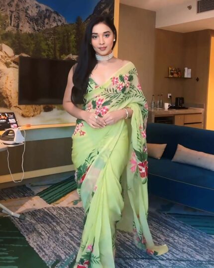 Light Green Color 1-Minute Ready To Wear Georgette Saree With Blouse Piece - Navshtri Family