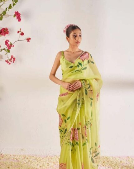 Light Green Color 1-Minute Ready To Wear Organza Silk Saree with Moti Embroidery Work & Stitched Blouse - Navshtri Family