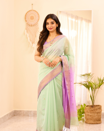 Light Green Color Premium Cotton Silk Saree With Classy Blouse and tassels - Navshtri Family