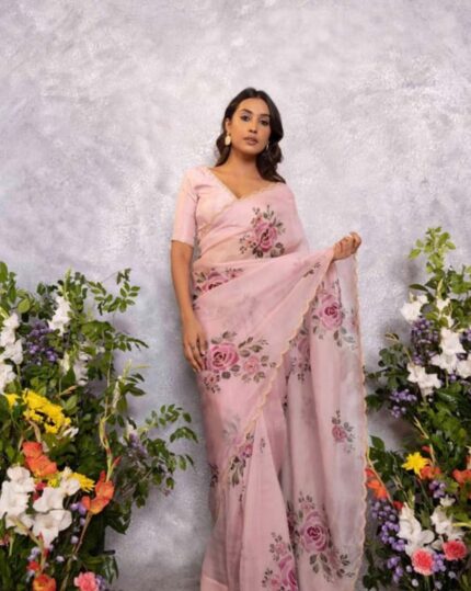 Light Pink Color 1-Minute Ready To Wear Organza Silk Saree with Moti Embroidery Work & Stitched Blouse - Navshtri Family