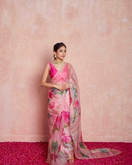 Light Pink Color 1-Minute Ready To Wear Organza Silk Saree with Moti Embroidery Work & Stitched Blouse - Navshtri Family