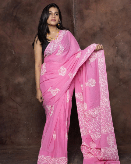 Light Pink Color Mulmul Cotton 1 - Minute Ready to Wear Saree with Pocket and Blouse Piece - Navshtri Family