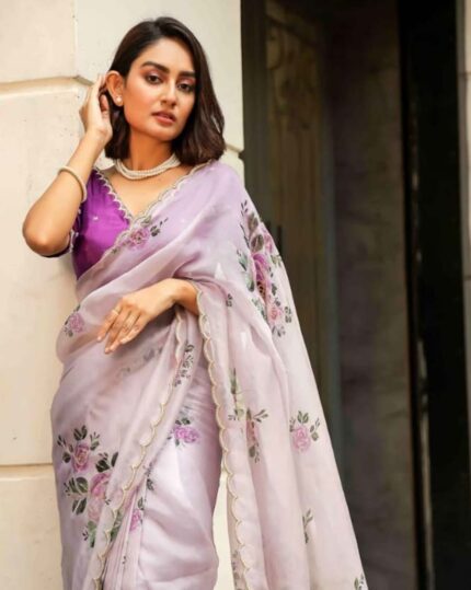 Light Purple Color 1-Minute Ready To Wear Organza Silk Saree with Moti Embroidery Work & Stitched Blouse - Navshtri Family