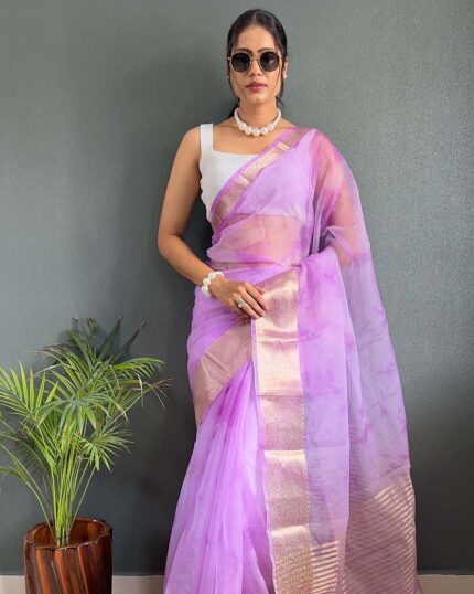 Light Purple Color Pure Kanchi Organza Jacquard Full Worked Saree With Blouse & Silk Border - Navshtri Family