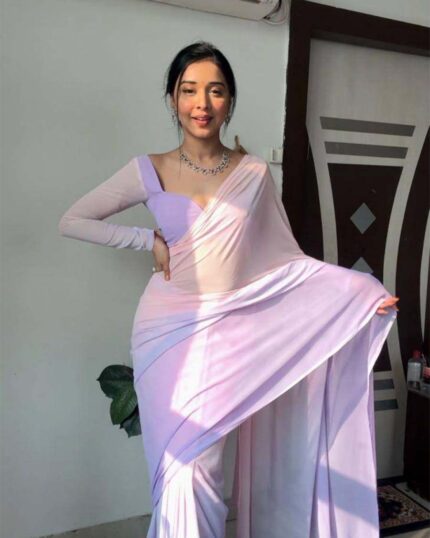 Light Purple Colour 1-Minute Ready To Wear Georgette Saree With Blouse Piece - Navshtri Family
