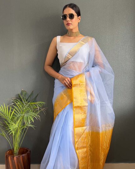 Light Sky Color Pure Kanchi Organza Jacquard Full Worked Saree With Blouse & Silk Border - Navshtri Family