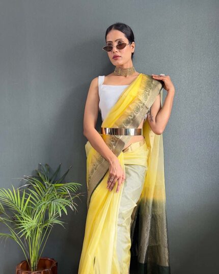 Light Yellow Color Pure Kanchi Organza Jacquard Full Worked Saree With Blouse & Silk Border - Navshtri Family
